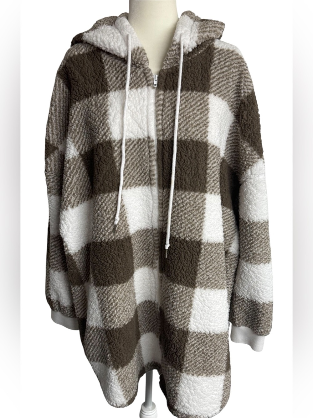 Brown Tan & White Checkered Fuzzy Sherpa Hoodie Oversized Jacket